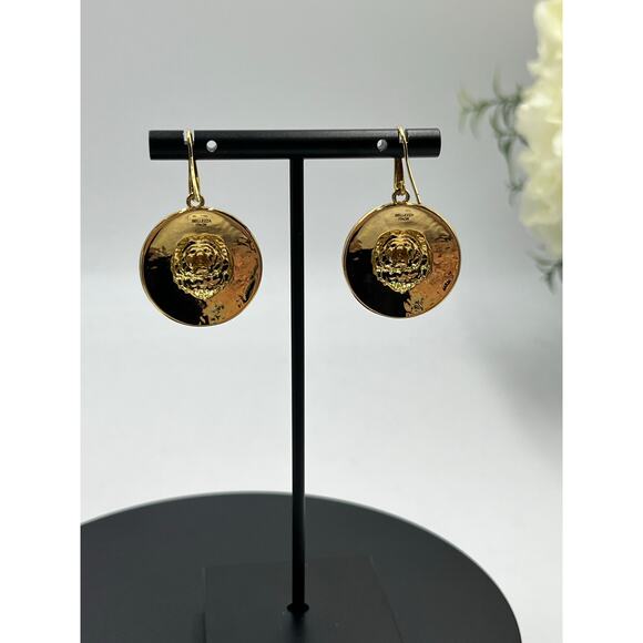 Bellezza Relief Framed Lion's Head Face Black Enamel Greek Key Dangle Earrings - Picture 10 of 11